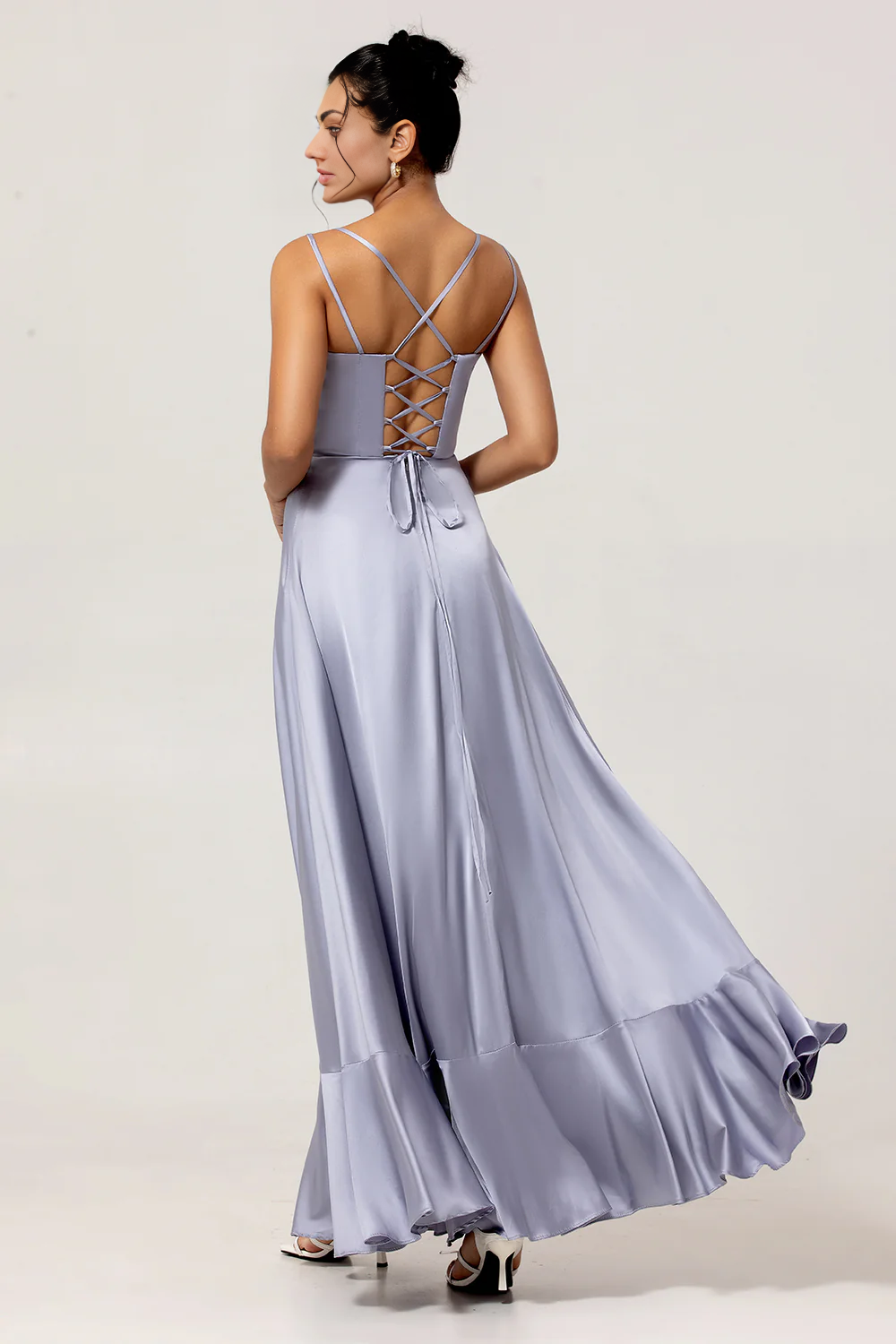 Elegant A-Line Square-Neck Sleeveless Satin Floor-Length Lace-Up Back Ruffle-Hem Bridesmaid Dress