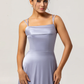 Elegant A-Line Square-Neck Sleeveless Satin Floor-Length Lace-Up Back Ruffle-Hem Bridesmaid Dress