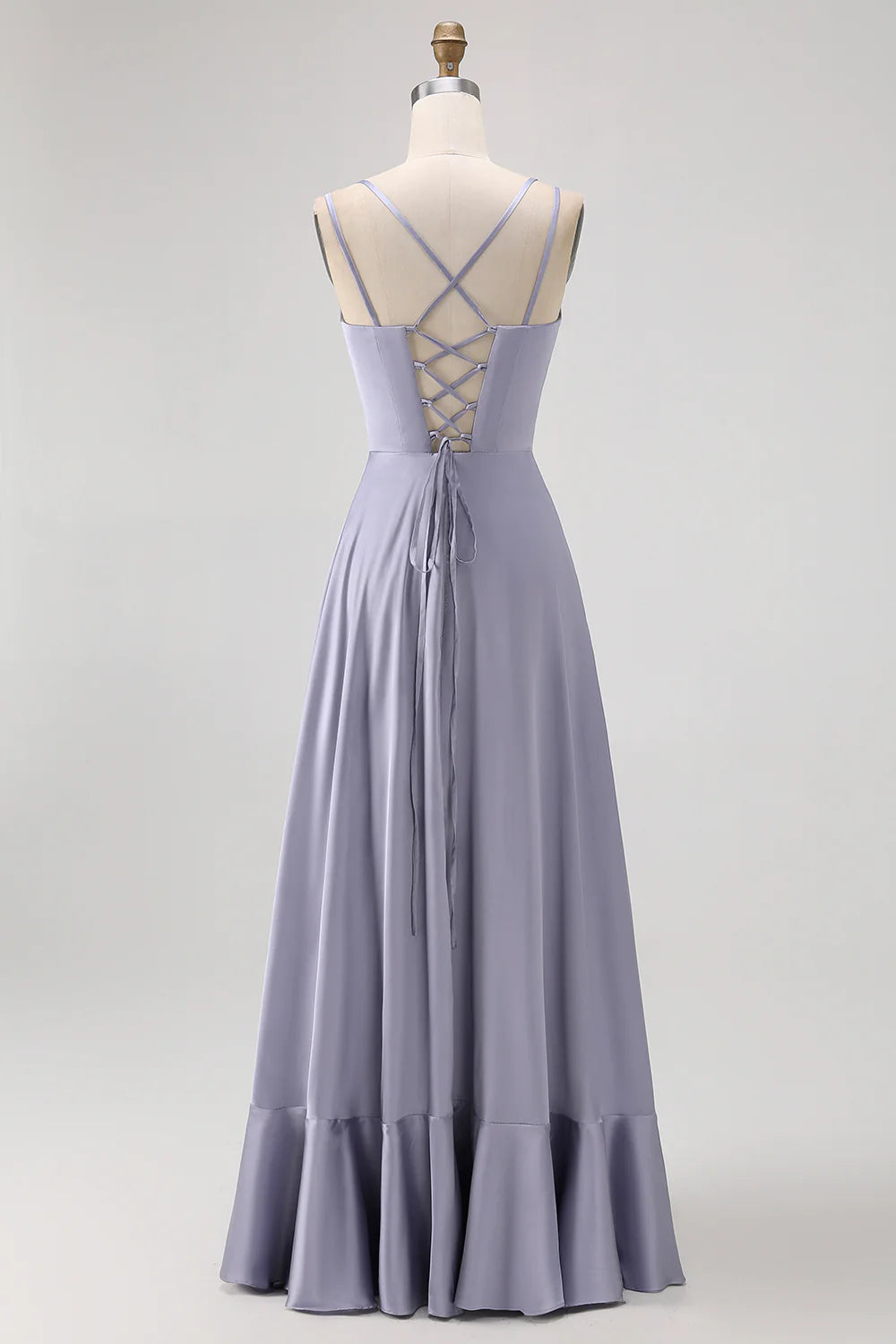 Elegant A-Line Square-Neck Sleeveless Satin Floor-Length Lace-Up Back Ruffle-Hem Bridesmaid Dress
