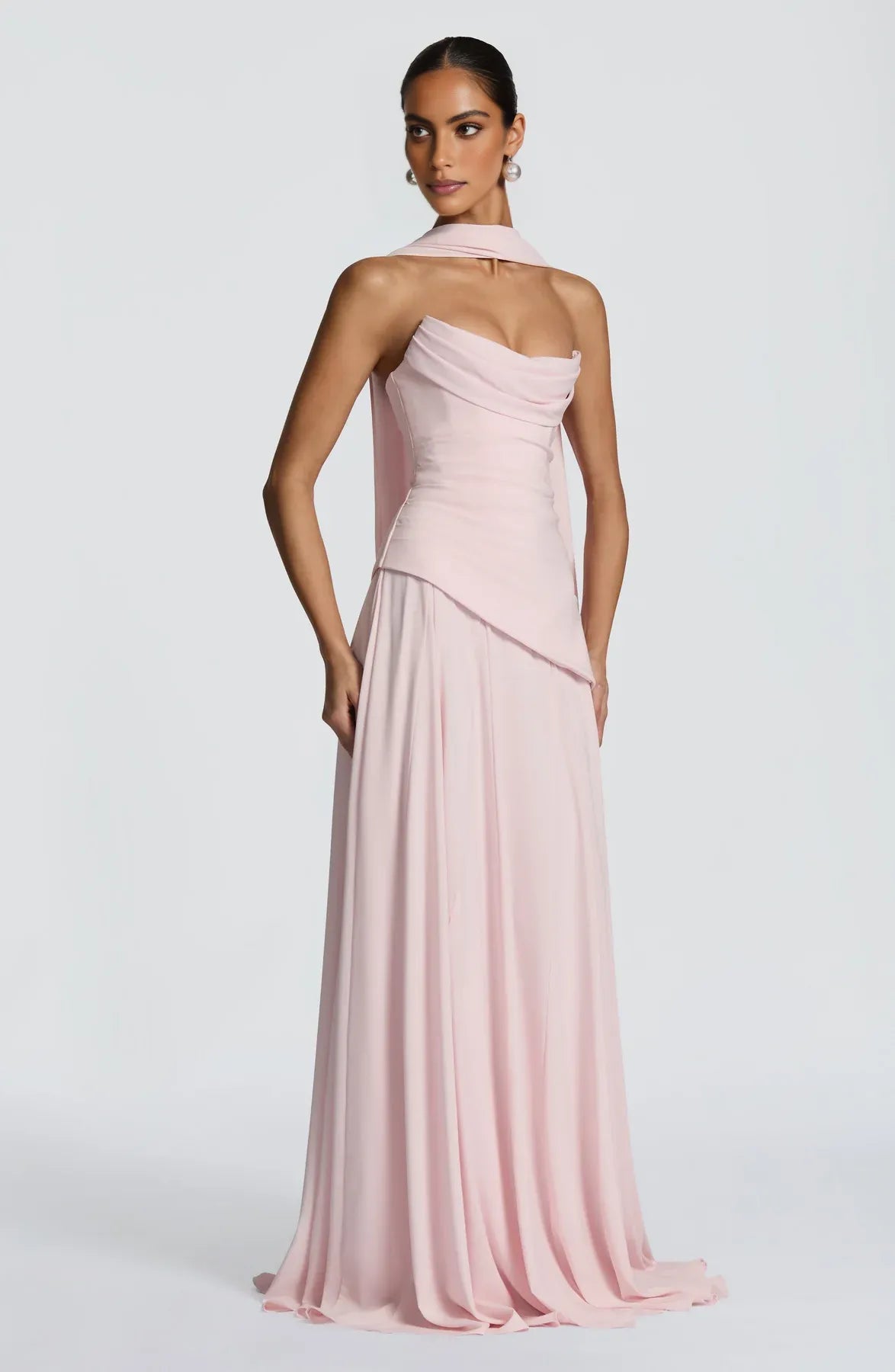 Elegant A-Line Strapless Choker Neck Sleeveless Chiffon Floor-Length Corset Evening Dress