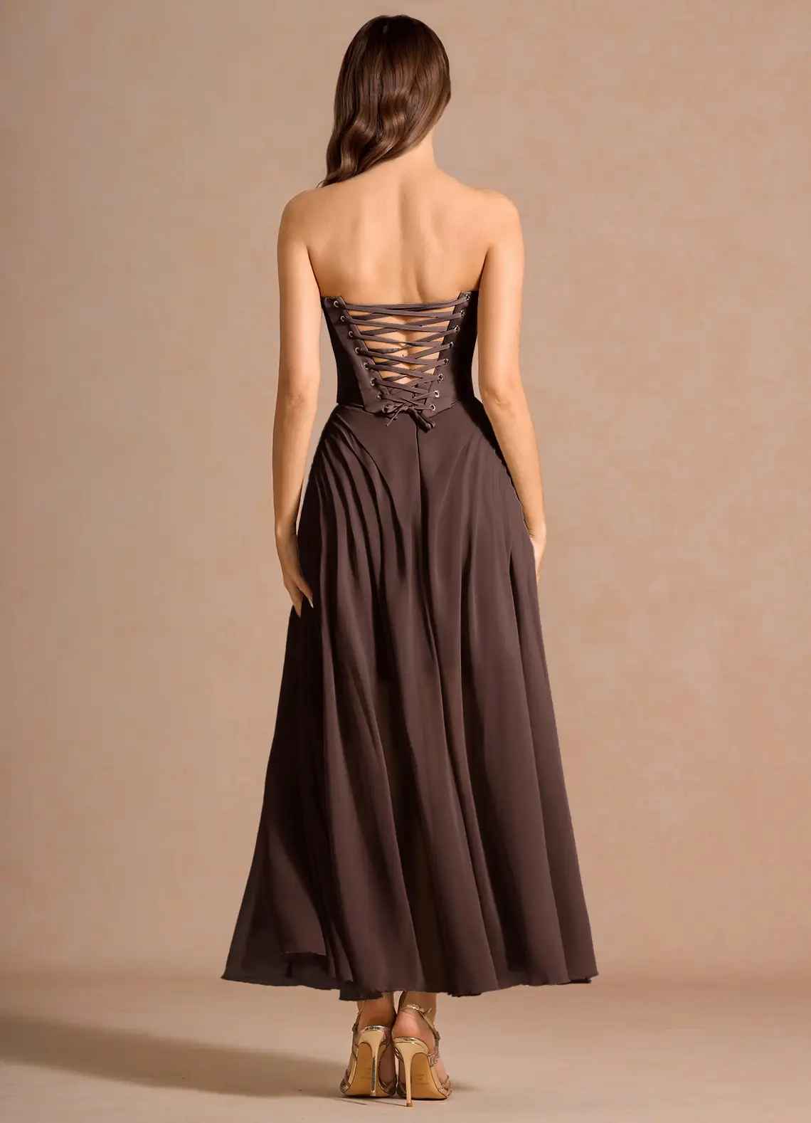Elegant A-Line Strapless Sleeveless Satin-Chiffon Midi Cocktail Dress Corset-Back Wedding Guest Dress