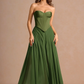 Elegant A-Line Strapless Sleeveless Satin-Chiffon Midi Cocktail Dress Corset-Back Wedding Guest Dress