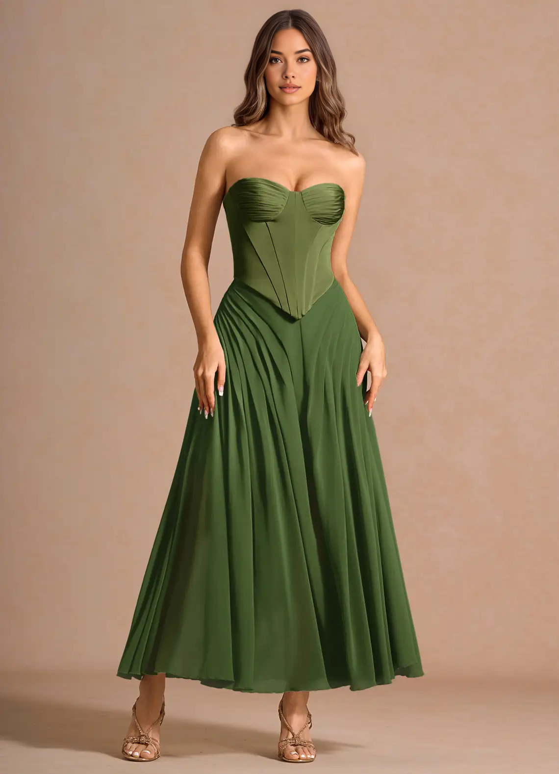 Elegant A-Line Strapless Sleeveless Satin-Chiffon Midi Cocktail Dress Corset-Back Wedding Guest Dress