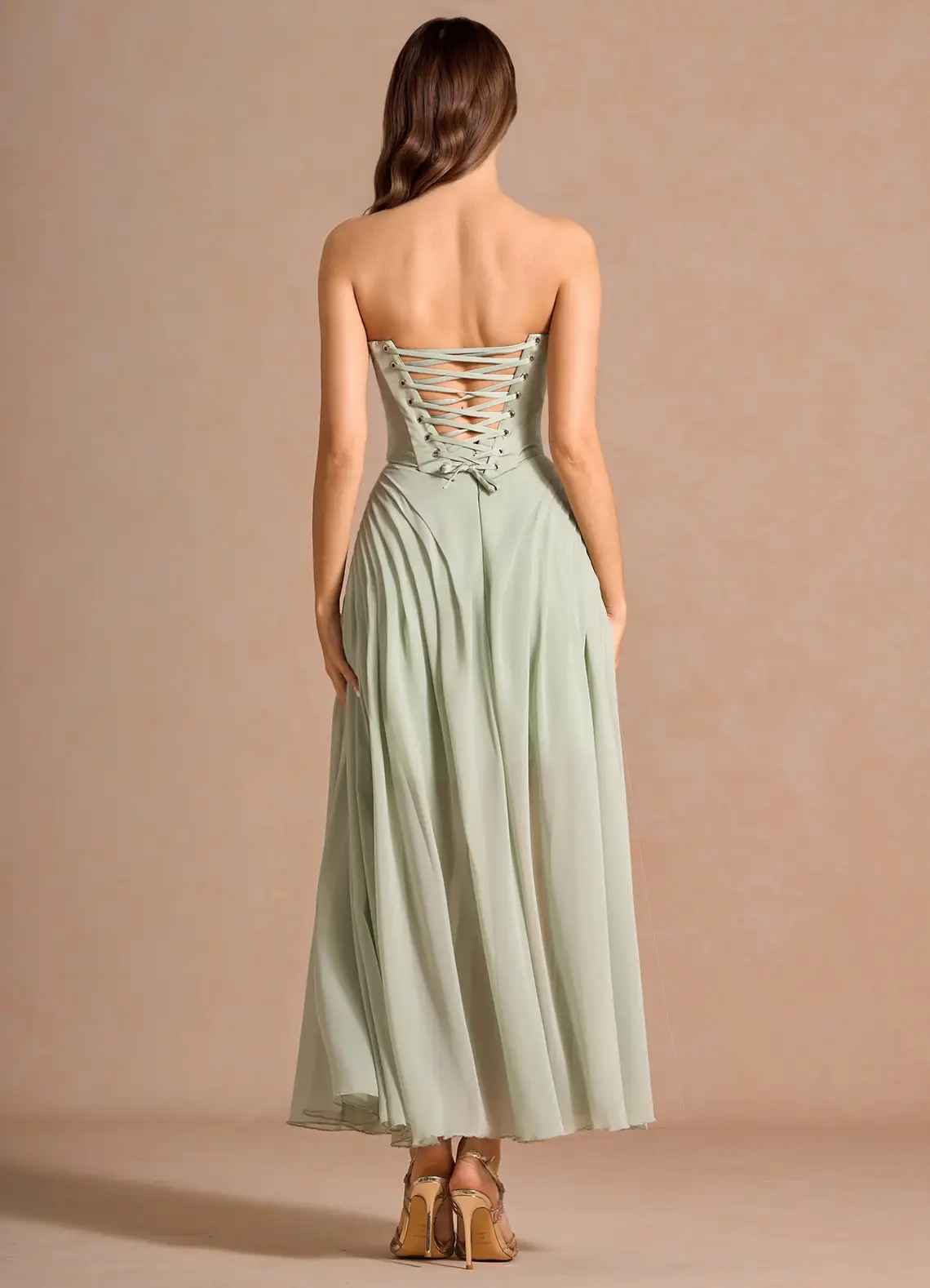 Elegant A-Line Strapless Sleeveless Satin-Chiffon Midi Cocktail Dress Corset-Back Wedding Guest Dress