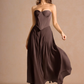 Elegant A-Line Strapless Sleeveless Satin-Chiffon Midi Cocktail Dress Corset-Back Wedding Guest Dress