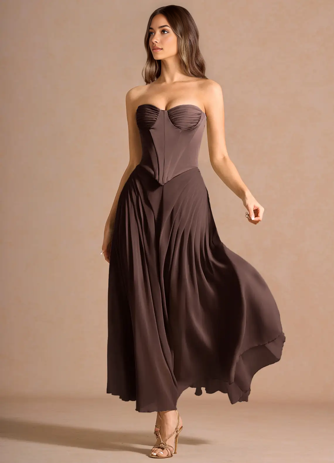 Elegant A-Line Strapless Sleeveless Satin-Chiffon Midi Cocktail Dress Corset-Back Wedding Guest Dress