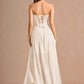 Elegant A-Line Strapless Sleeveless Satin-Chiffon Midi Cocktail Dress Corset-Back Wedding Guest Dress