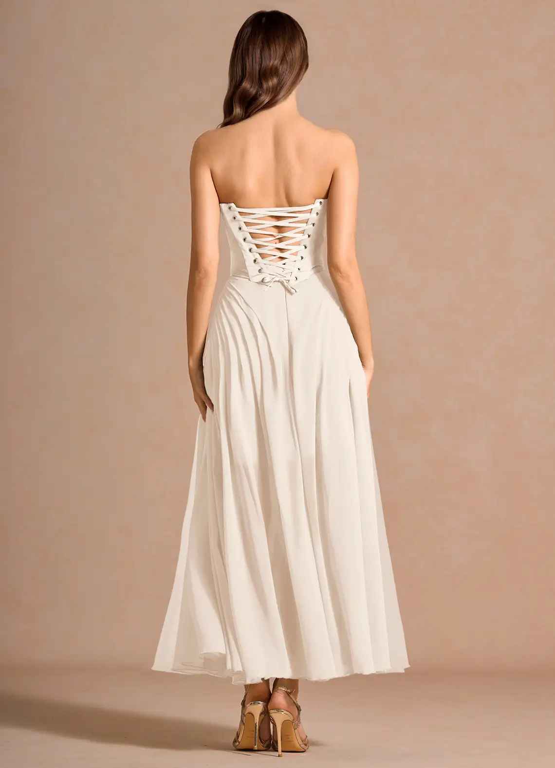 Elegant A-Line Strapless Sleeveless Satin-Chiffon Midi Cocktail Dress Corset-Back Wedding Guest Dress