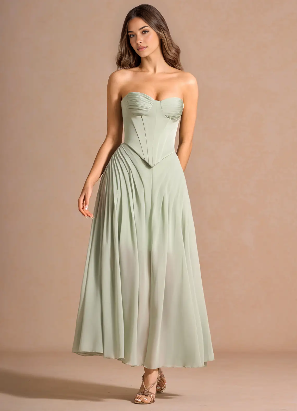 Elegant A-Line Strapless Sleeveless Satin-Chiffon Midi Cocktail Dress Corset-Back Wedding Guest Dress