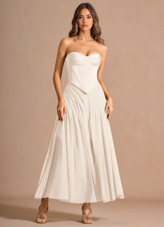 Elegant A-Line Strapless Sleeveless Satin-Chiffon Midi Cocktail Dress Corset-Back Wedding Guest Dress
