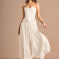 Elegant A-Line Strapless Sleeveless Satin-Chiffon Midi Cocktail Dress Corset-Back Wedding Guest Dress