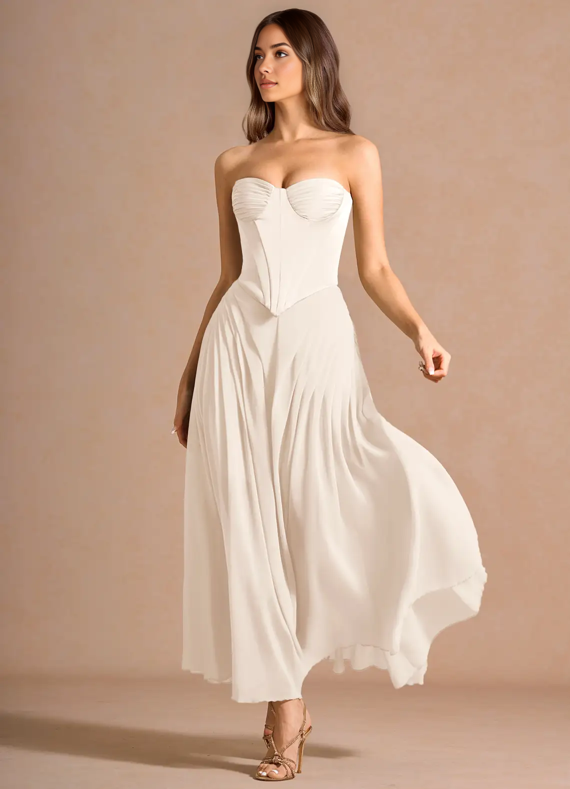 Elegant A-Line Strapless Sleeveless Satin-Chiffon Midi Cocktail Dress Corset-Back Wedding Guest Dress