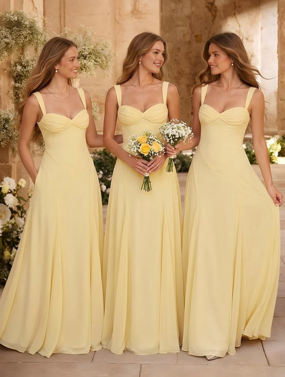 Elegant A-Line Sweetheart Spaghetti-Strap Chiffon Floor-Length Corset-Back Bridesmaid Dress