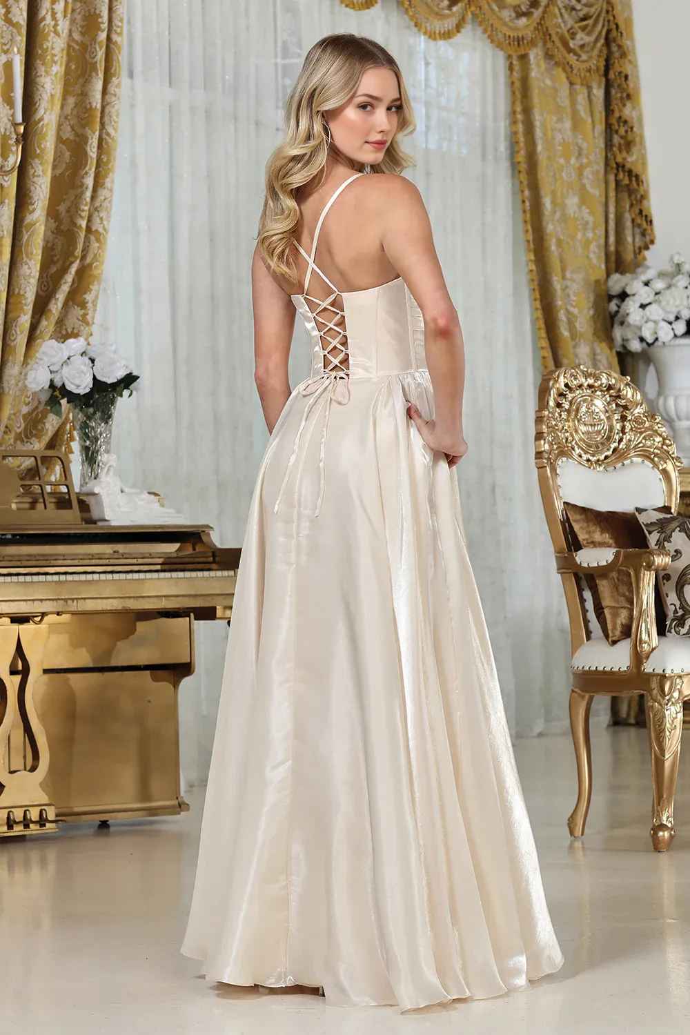 Elegant A-Line Sweetheart Spaghetti-Strap Shimmer Satin Floor-Length Corset-Back Formal Prom Dress