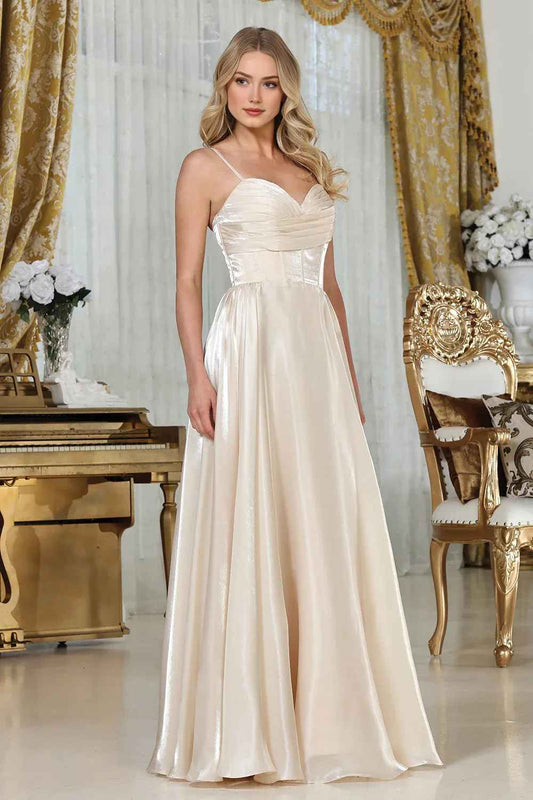 Elegant A-Line Sweetheart Spaghetti-Strap Shimmer Satin Floor-Length Corset-Back Formal Prom Dress
