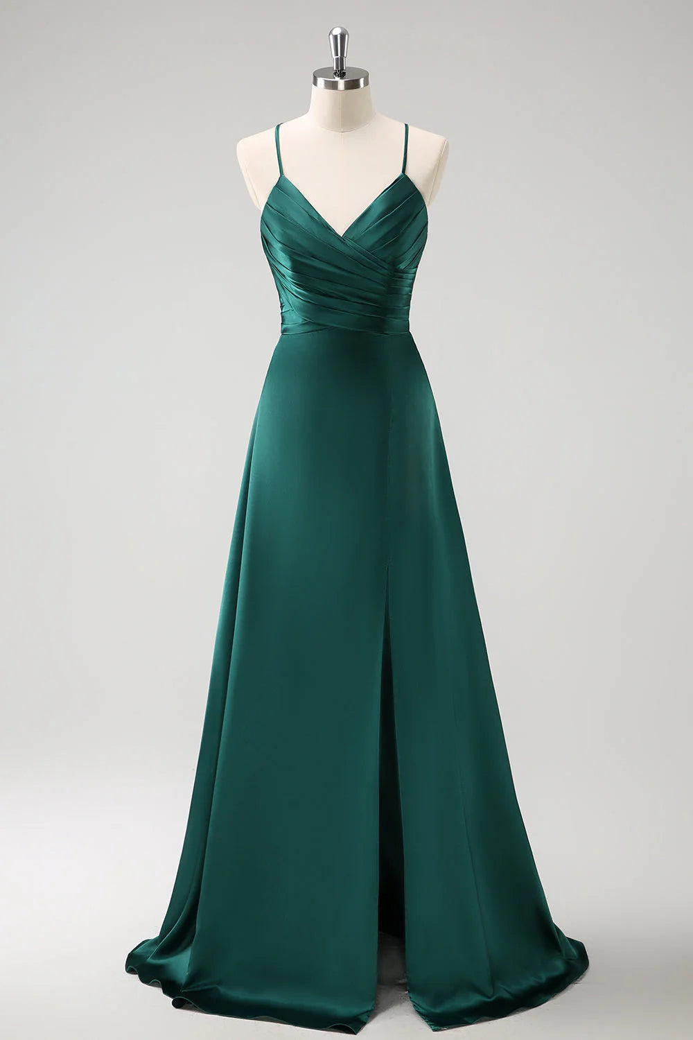 Elegant A-Line V-Neck Sleeveless Satin Floor-Length Bridesmaids Dress Crisscross Lace-Up Evening Dress