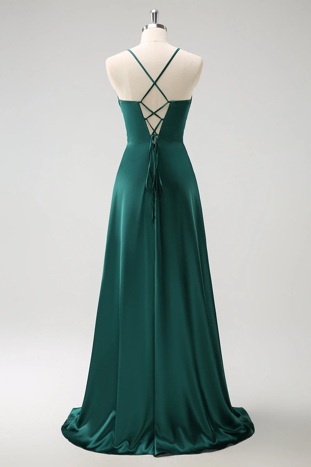 Elegant A-Line V-Neck Sleeveless Satin Floor-Length Bridesmaids Dress Crisscross Lace-Up Evening Dress
