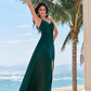 Elegant A-Line V-Neck Sleeveless Satin Floor-Length Bridesmaids Dress Crisscross Lace-Up Evening Dress