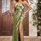 Elegant A-Line V-Neck Spaghetti-Strap Satin Floor-Length Cutout Slit Prom Dress