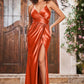 Elegant A-Line V-Neck Spaghetti-Strap Satin Floor-Length Cutout Slit Prom Dress