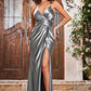 Elegant A-Line V-Neck Spaghetti-Strap Satin Floor-Length Cutout Slit Prom Dress