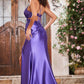 Elegant A-Line V-Neck Spaghetti-Strap Satin Floor-Length Cutout Slit Prom Dress