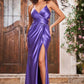 Elegant A-Line V-Neck Spaghetti-Strap Satin Floor-Length Cutout Slit Prom Dress