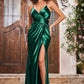 Elegant A-Line V-Neck Spaghetti-Strap Satin Floor-Length Cutout Slit Prom Dress