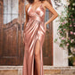 Elegant A-Line V-Neck Spaghetti-Strap Satin Floor-Length Cutout Slit Prom Dress