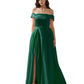 legant A-line Off-the-Shoulder Sleeveless Satin Floor-Length Pleated Slit Evening Gown