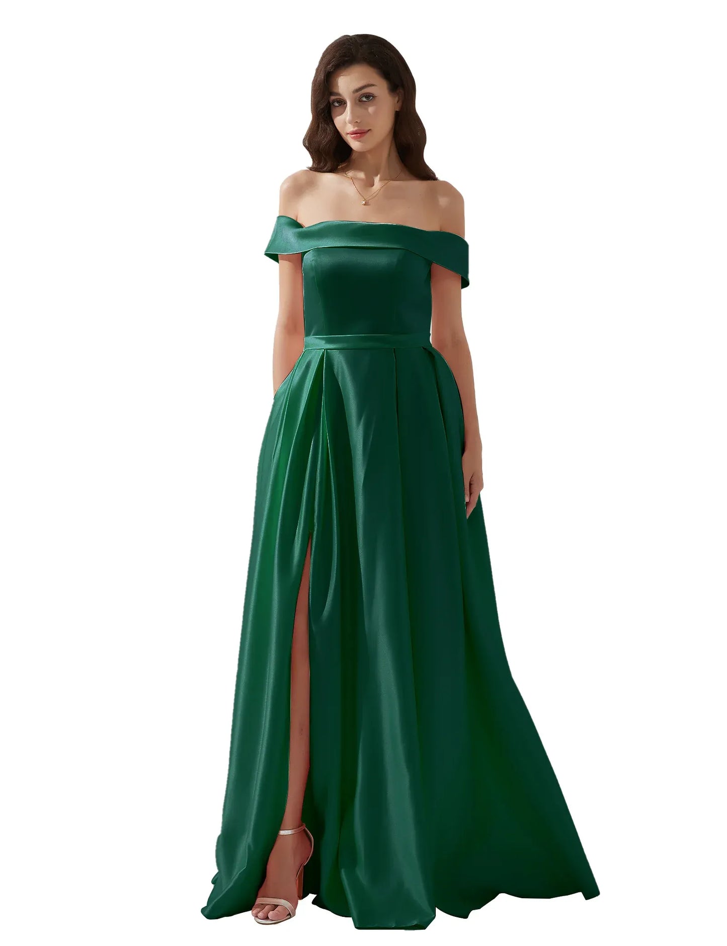 legant A-line Off-the-Shoulder Sleeveless Satin Floor-Length Pleated Slit Evening Gown