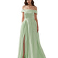 legant A-line Off-the-Shoulder Sleeveless Satin Floor-Length Pleated Slit Evening Gown