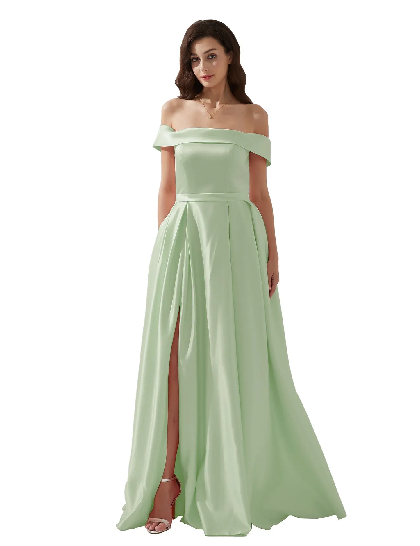 legant A-line Off-the-Shoulder Sleeveless Satin Floor-Length Pleated Slit Evening Gown