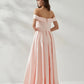 legant A-line Off-the-Shoulder Sleeveless Satin Floor-Length Pleated Slit Evening Gown