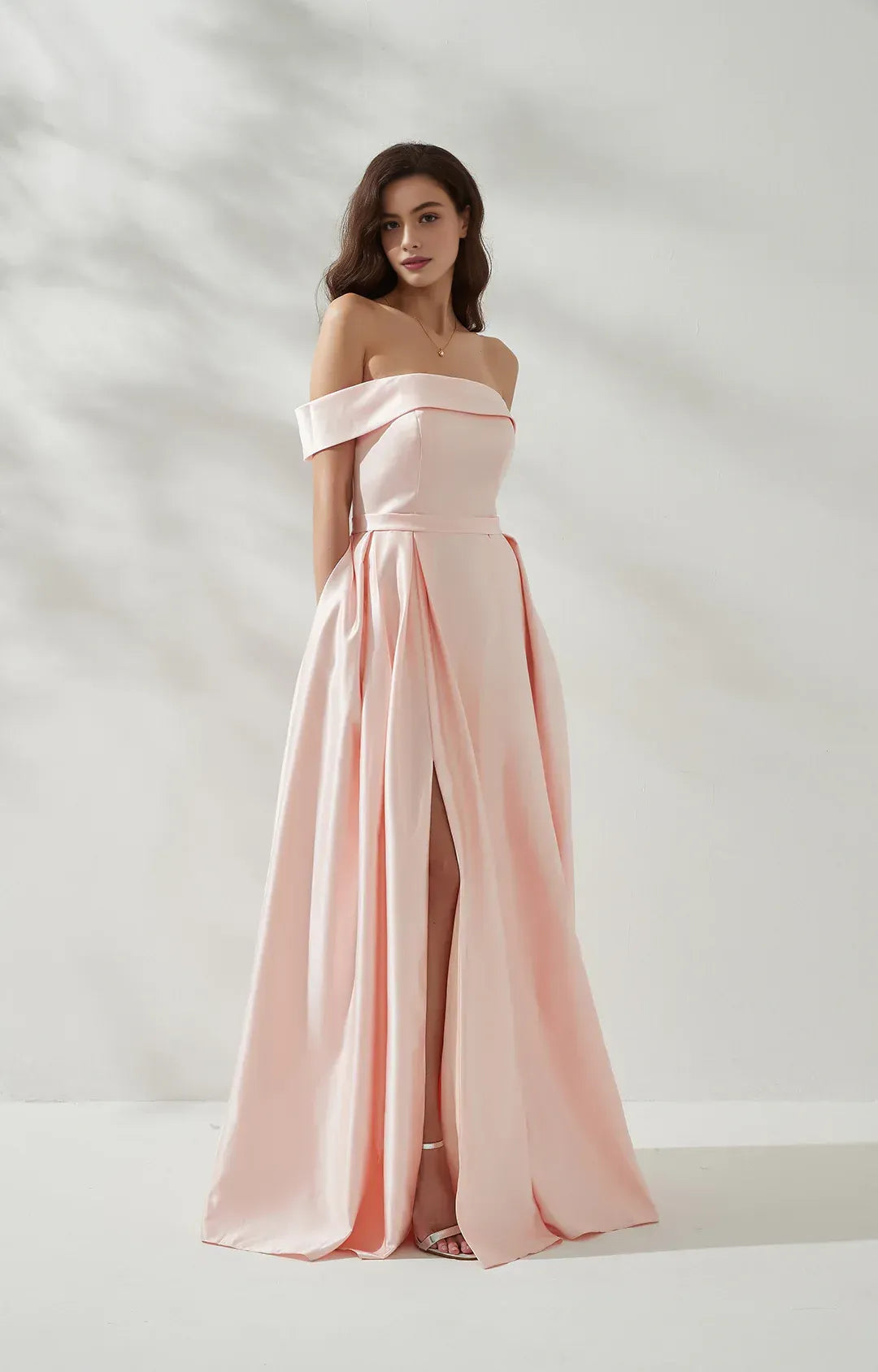 legant A-line Off-the-Shoulder Sleeveless Satin Floor-Length Pleated Slit Evening Gown