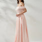 legant A-line Off-the-Shoulder Sleeveless Satin Floor-Length Pleated Slit Evening Gown