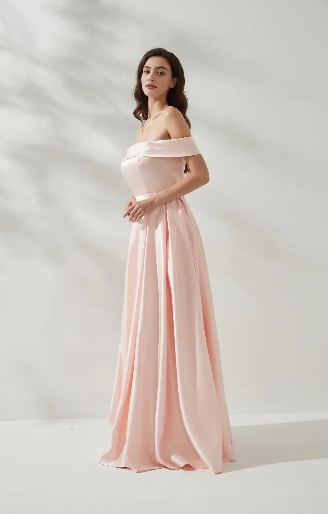 legant A-line Off-the-Shoulder Sleeveless Satin Floor-Length Pleated Slit Evening Gown