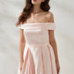 legant A-line Off-the-Shoulder Sleeveless Satin Floor-Length Pleated Slit Evening Gown
