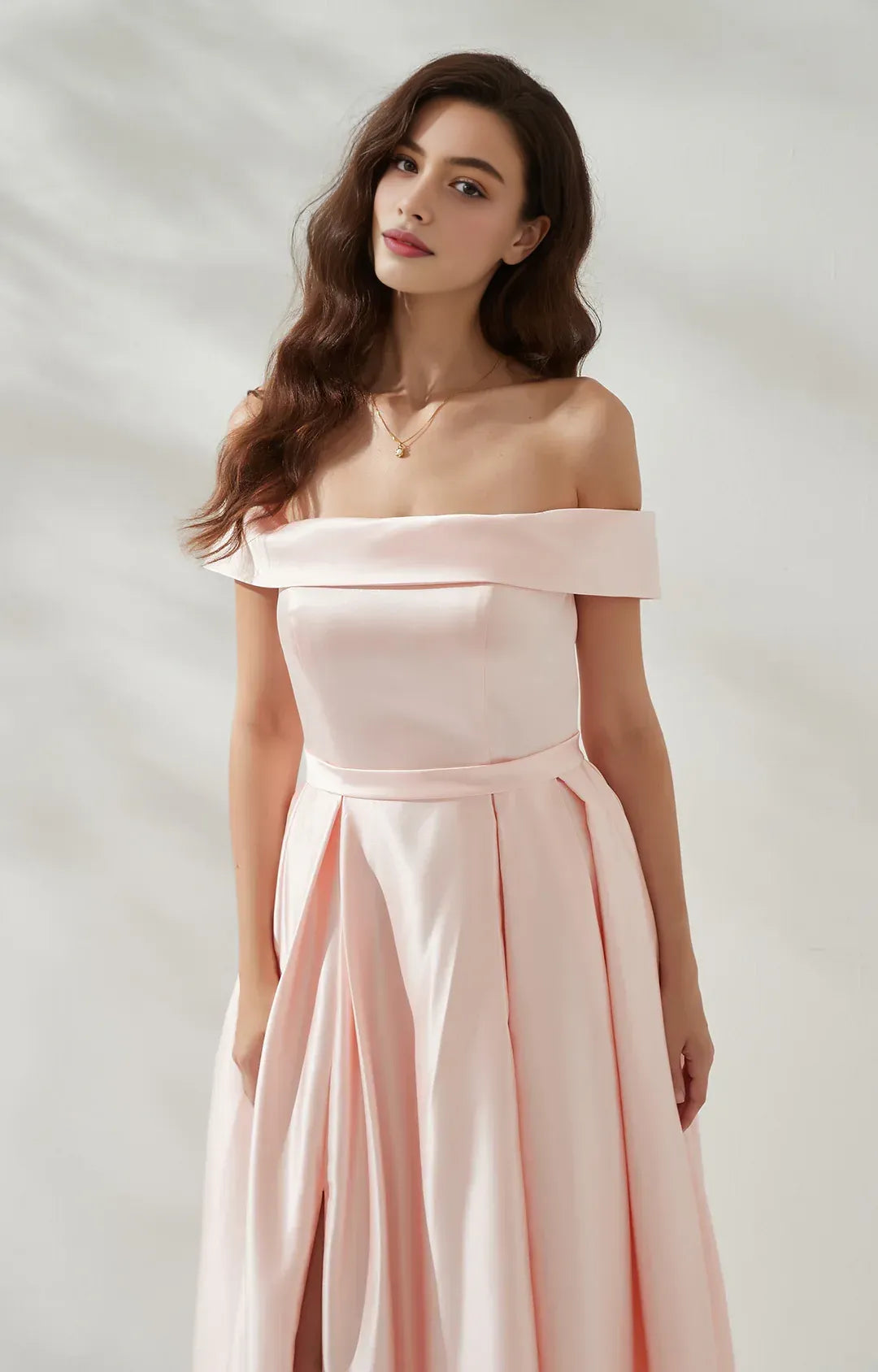 legant A-line Off-the-Shoulder Sleeveless Satin Floor-Length Pleated Slit Evening Gown