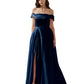 legant A-line Off-the-Shoulder Sleeveless Satin Floor-Length Pleated Slit Evening Gown
