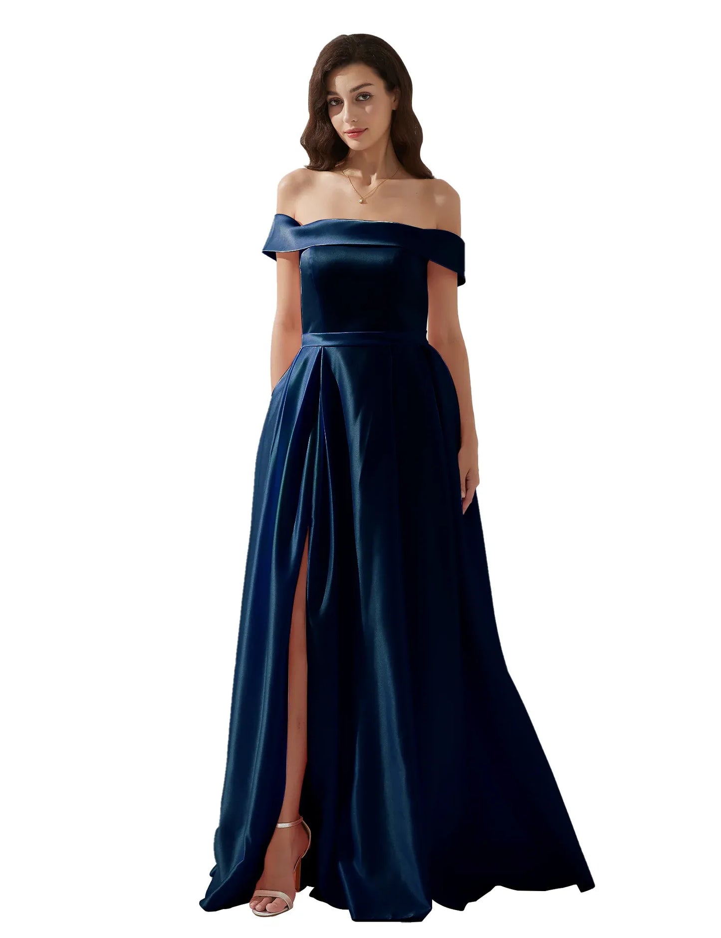 legant A-line Off-the-Shoulder Sleeveless Satin Floor-Length Pleated Slit Evening Gown