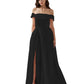 legant A-line Off-the-Shoulder Sleeveless Satin Floor-Length Pleated Slit Evening Gown
