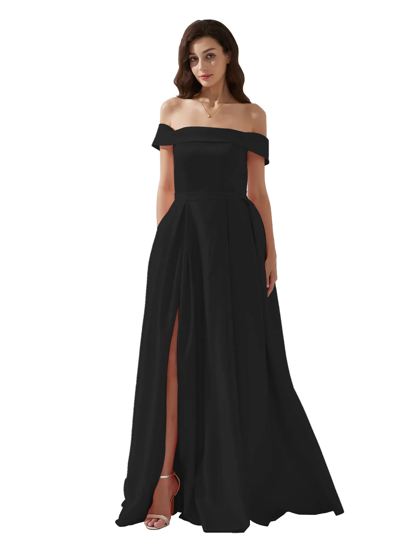 legant A-line Off-the-Shoulder Sleeveless Satin Floor-Length Pleated Slit Evening Gown