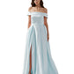 legant A-line Off-the-Shoulder Sleeveless Satin Floor-Length Pleated Slit Evening Gown