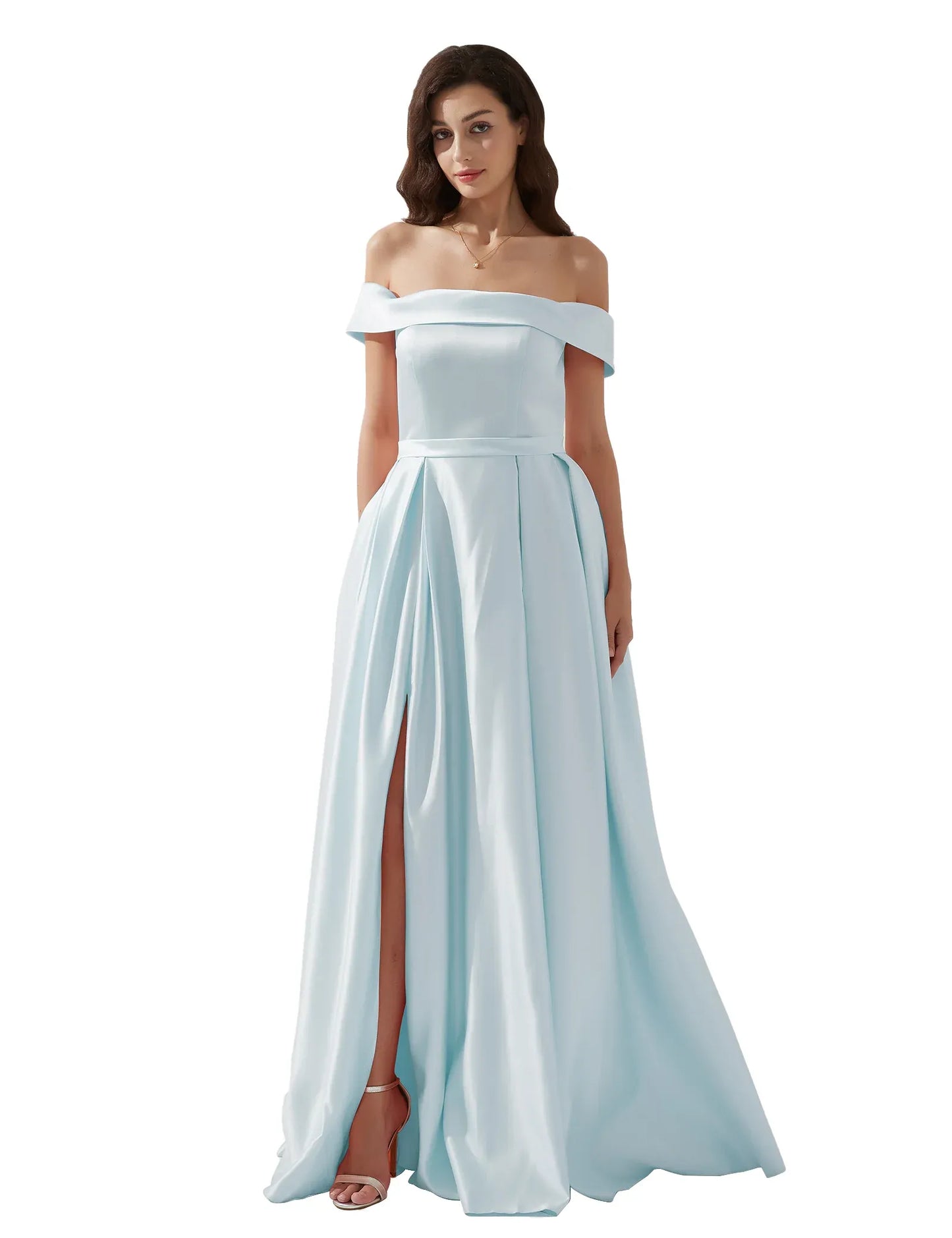 legant A-line Off-the-Shoulder Sleeveless Satin Floor-Length Pleated Slit Evening Gown