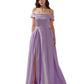 legant A-line Off-the-Shoulder Sleeveless Satin Floor-Length Pleated Slit Evening Gown