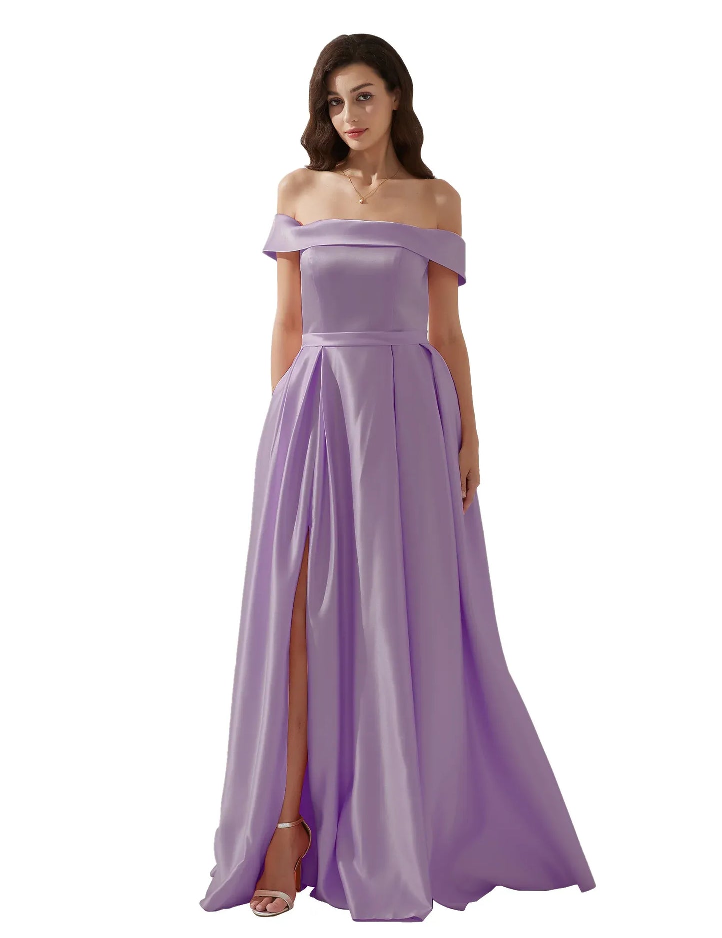 legant A-line Off-the-Shoulder Sleeveless Satin Floor-Length Pleated Slit Evening Gown