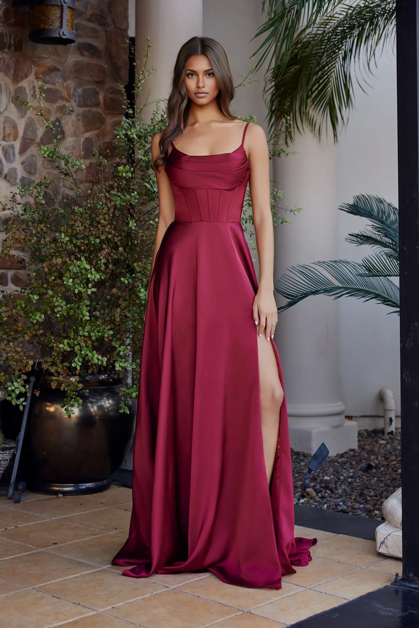 Elegant ALine CowlNeck Sleeveless Satin Maxi Corset Prom Dress