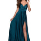 Elegant ALine VNeck Sleeveless Satin Maxi Slit Prom Dress