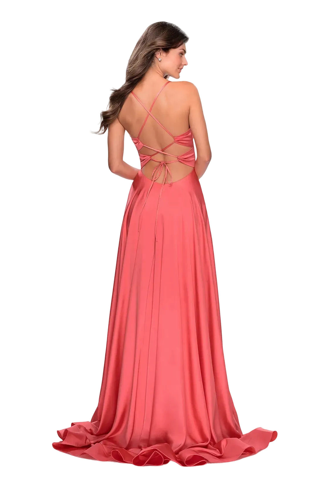 Elegant ALine VNeck Sleeveless Satin Maxi Slit Prom Dress